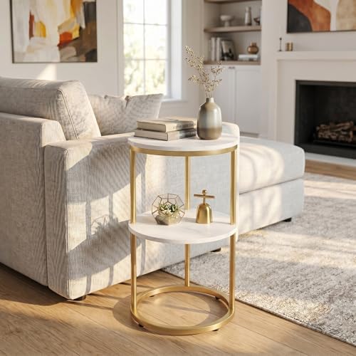 C Shaped end Table,2 Tier Wood Round Side Table for Couch,Small Sofa Table with Metal Frame for Bedroom,Living Room,Bedside,Gold(11.8" D x 11.8" W x 22.9" H) - Image 7