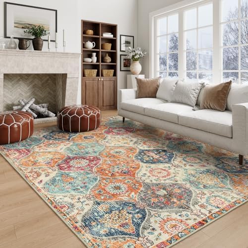Lahome Moroccan 5x8 Area Rug, Ultra-Thin Washable Rugs for Living Room Bedroom, Soft Large Oriental Non-Slip Non Shedding Throw Large Carpet for Dining Room Office Elise, Cream/Multi by Lahome