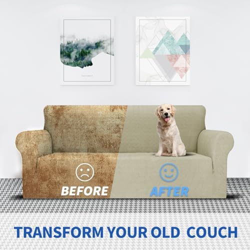 MAXIJIN Loveseat Cover Sofa Covers (55"-69"), 1-Piece Stretch Couch Covers for 2 Cushion Couch Love Seat Slipcover with Elastic Bottom for Kids,Dog (Loveseat, Diamond Pattern Khaki) - Image 5