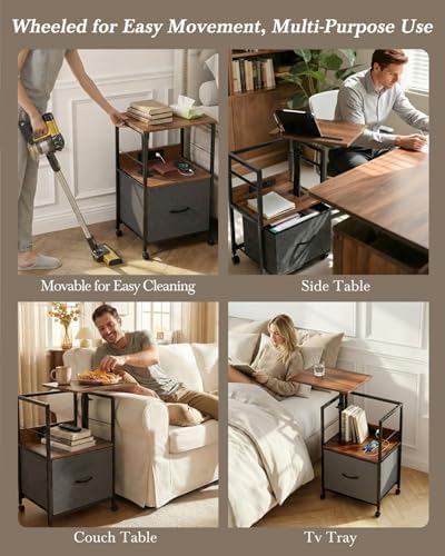 Faesun Swivel Lift Top Nightstand with Charging Station, Rolling Side Table for Recliner, Bedside Table with Wheels & a Fabric Drawer, for Small Spaces, for Bedroom, Living Room, Walnut Gray - Image 6