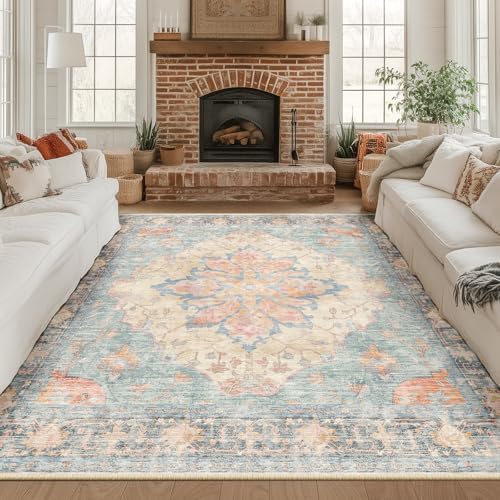 RELEANY Washable Area Rug, Square 8'x8', Blue/Orange/Red - Image 2