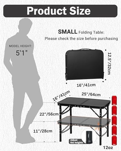 LOFTEY 2025 Reinforced Small Folding Table Portable, Small Foldable Camping Table, Heavy-Duty Mini Folding | 2 Adjustable Height | Lightweight Aluminum with Handle | 25" x 16" x 22", Black - Image 2