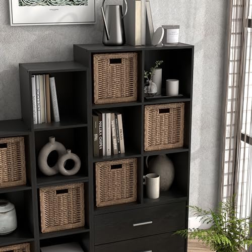 Homes: Inside + Out Apexa 6-Cube Storage Organizer Shelves, Stackable Wood Bookcase Fits Cubby Bins for Organization, Dorm Teen Room Decor & Home Office, Black - Image 2