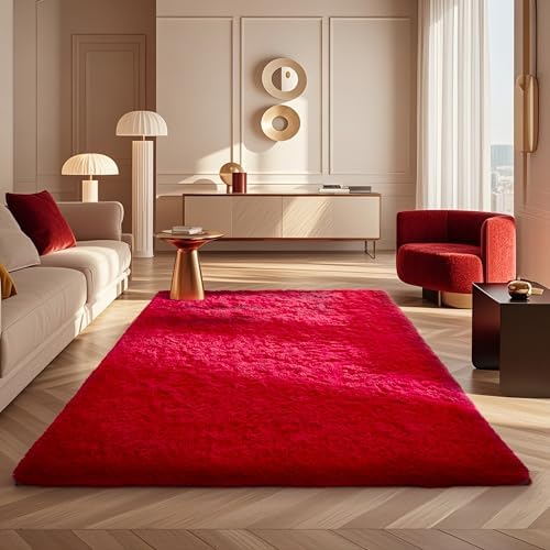 Ophanie Red Rugs for Bedroom Living Room, Fluffy Fuzzy Furry Carpet, Plush Soft Shaggy Bedside Indoor Floor 4x6 Area Rug for Kids Girls Boys Baby Teen Dorm Nursery Decor with Over 99 pcs Pile fibers - Image 3