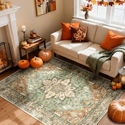 RELEANY Washable Area Rug, 4'x6', Brick/Brown/Green by RELEANY