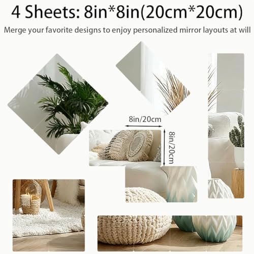 BOYIVI 4Pcs Acrylic Mirror Tiles, 8 Inch Self-Adhesive Shatterproof Panels for Wall Decor, Wall Mounted Mirror Glass Frameless Mirror Sheets for Home Bedroom Bathroom Door(Medium) - Image 2