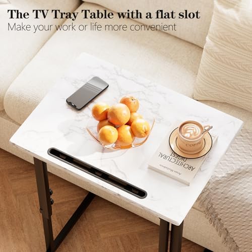 Adjustable Height Tv Tray Table,Portable Folding Tv Dinner Snack Table,Small Foldable C-Shaped End Table for Eating,Slide Under Couch Side with Sturdy MDF Top,No Assembly(White Marble+Black) - Image 6