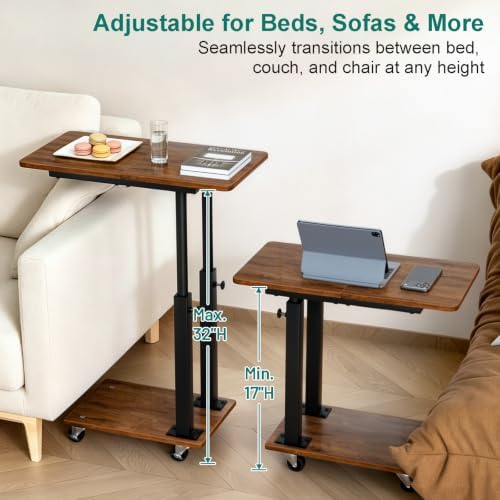 AOODA 22''W TV Tray Table with Wheels Adjustable Height, C Shaped End Tables Living Room, Rolling Couch Side Table with Storage for Sofa, Bed, Recliner (Rustic Brown) - Image 3