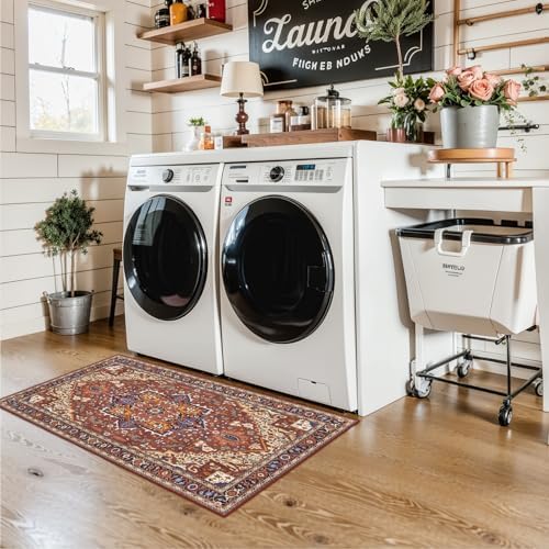 Moynesa Ultra-Thin Washable Kitchen Rugs, 2x4 Small Entryway Rug Door Mat Non Slip Stain Resistant, Oriental Throw Rug for Front Indoor Entrance Bathroom Laundry Room, Brown/Multi - Image 3