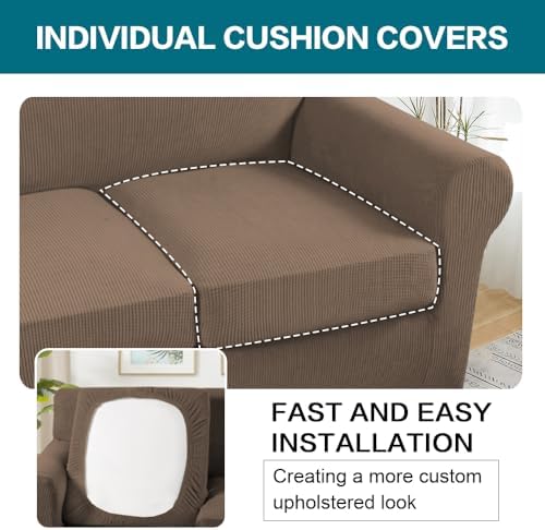 Turquoize 4 Piece Sofa Covers for 3 Cushion Couch Sofa Slipcover Soft Couch Cover for Dogs Washable Furniture Cover with 3 Individual Large Cushion Covers Feature Fabric (Large Sofa, Macchiato) - Image 5