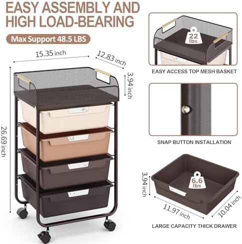 SYKIARIOL 4-Drawer Rolling Storage Cart with Mesh Top,Brown - Image 3