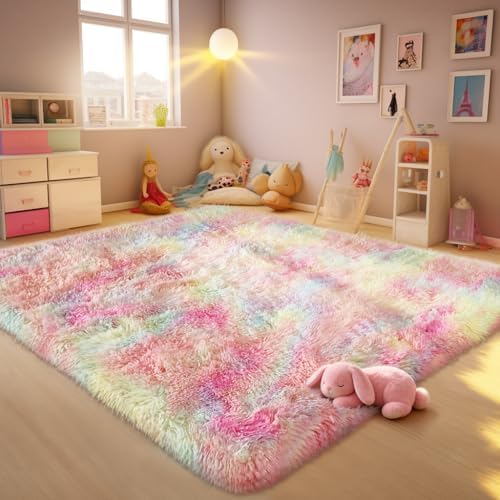 Ophanie 6x9 Rainbow Rug for Bedroom Girls, Unicorn Colorful Fluffy Soft Cute Fuzzy Area Rugs, Shag Plush Shaggy Bedside Floor Furry Carpet for Kids Baby Teen Dorm Nursery Home Decor Aesthetic - Image 5