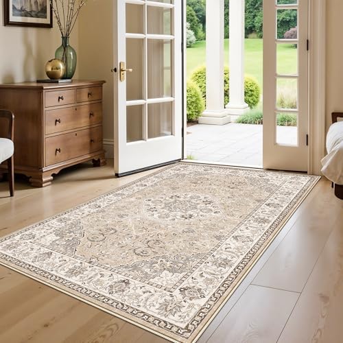 Living Room 4x6 Area Rugs: Vintage Farmhouse Washable Non-Slip Rug for Bedroom Dining Room Ultra Thin Soft Carpet for Nursery Kitchen Durable Low-Pile Neutral Floor Mat for Pet Owners(4x6 Beige) - Image 7