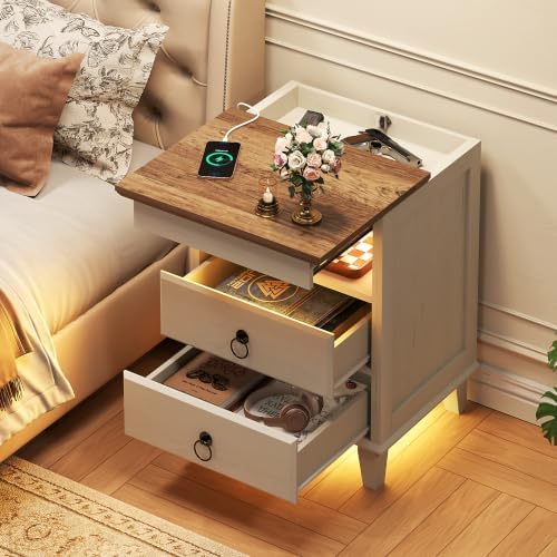 Yusong LED Night Stand with Gun Drawer, Bedside Table with Charging Station, Sofa Couch End Side Table with 2 Drawers ＆Open Shelf for Bedroom, White - Image 4
