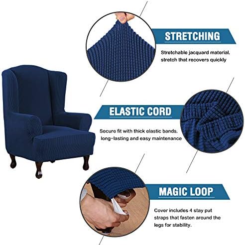 H.VERSAILTEX Wing Chair Slipcover Chair Covers for Wingback Chairs Wingback Chair Covers Slipcovers 1 Piece Stretch Sofa Cover Furniture Protector Soft Spandex Jacquard Checked Pattern, Navy - Image 3