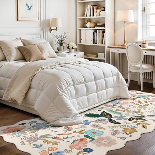 Washable 4x8 Wide Runner Rug: Hallway Entryway Non Slip Scalloped Floral Rug Farmhouse Soft Stain Resistant Carpet for Kitchen Bathroom Bedroom Low Pile Pet Friendly Floor Mat (4x8,Cream) - Image 3