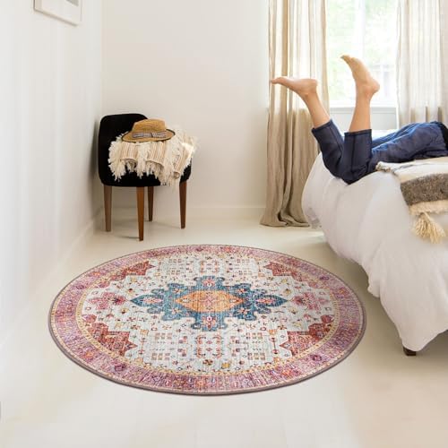 Moynesa Ultra-Thin Washable Round Rug - 4ft Pink Oriental Circle Area Rugs for Nursery Bedroom, Vintage Non Slip Non Shedding Low Pile Carpet for Living Room Coffee Table Entryway - Image 7
