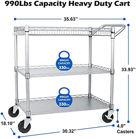 WDT 990Lbs Capacity Heavy Duty Rolling Utility Cart, NSF Rolling Carts with Wheels,Commercial Grade Metal Cart with Handle Bar & Shelf Liner,Trolley Serving Cart for Restaurant,Kitchen,Gray - Image 3