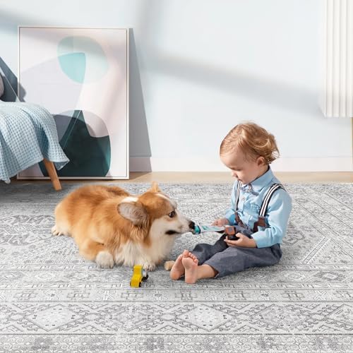 Ksrau 2x5 Runner Rug Washable Vintage: Non Slip Long Kitchen Runners Grey - Image 3
