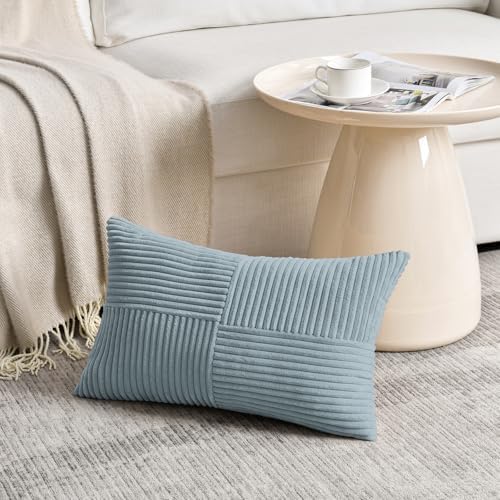 Fancy Homi Set of 2 Light Blue Lumbar Decorative Throw Pillow Covers 12x20 Inch for Living Room Bedroom Couch Bed Sofa, Soft Striped Corduroy Coastal Blue Rectangle Accent Cushion Case 30x50 cm - Image 2