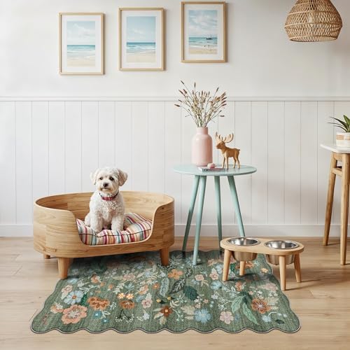 Washable Floral 2x4 Area Rug: Indoor Soft Scalloped Carpet for Entryway Kitchen Non-Slip Water Resistant Bathroom Laundry Floor Mat Low Pile Durable Nursery Door Mat Cute Home Decor(2x4 Floral/Green) - Image 2