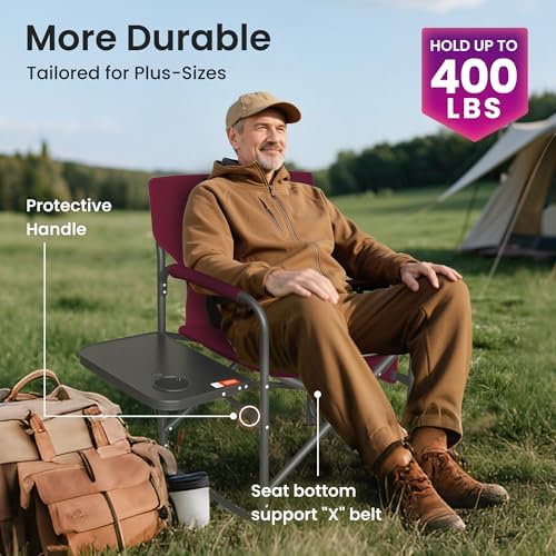 Directors Chair 17.5" Seat Height, Bar Height Folding Chair with Side Table, Foldable Camping Chair with Side Pocket for Makeup Artist, Sports Event, Supports 400LBS - Red - Image 4