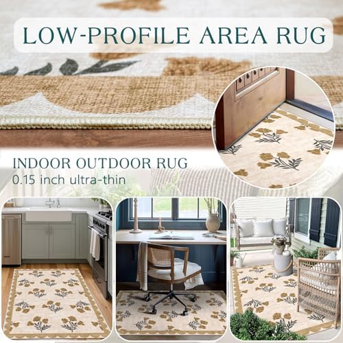 3x5 Floral Entry Rug - Small Washable Indoor Outdoor Mats for Front Door Non-Slip Porch Rug Beige Vintage Farmhouse Throw Rugs for Living Room Bedroom Entryway Kitchen Office Porch Decor - Image 5