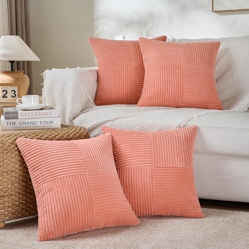 Fancy Homi 2 Packs Coral Samll Decorative Throw Pillow Covers 14x14 Inch with for Couch Bed Sofa, Rustic Farmhouse Boho Home Decor, Soft Corss Patchwork Corduroy Square Peach Cushion Case 35x35 cm - Image 5