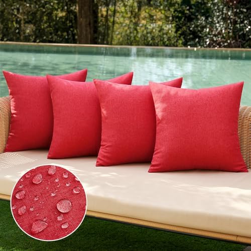 MIULEE Pack of 4 Decorative Outdoor Throw Pillow Covers Linen Waterproof Pillow Covers Summer Farmhouse Cushion Cases for Patio Garden Tent Balcony Couch Sofa 18x18 Inch Red by MIULEE