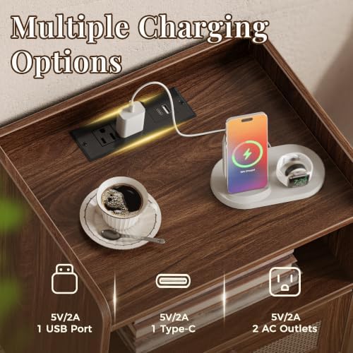 SUPERJARE Nightstand with Charging Station & Rattan-Like Decor Drawer - Image 4