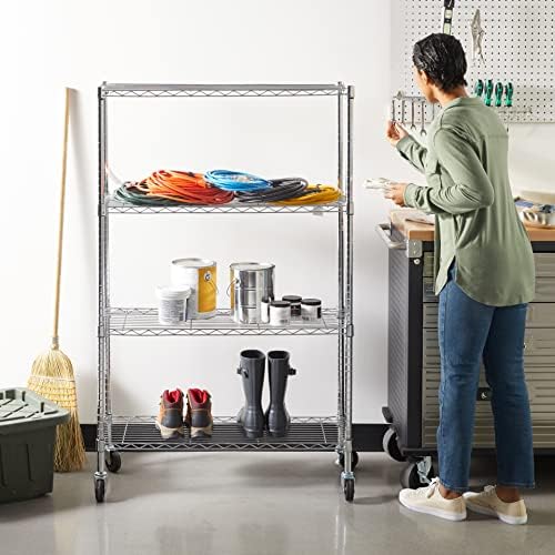 Amazon Basics 4-Shelf Adjustable Heavy Duty Storage Shelving Unit with Wheels, No-Tool Easy Assembly, Garage Shelving, Metal Wire Rack with Casters and Leveling Feet, 36" x 14" x 57.8", Chrome - Image 2