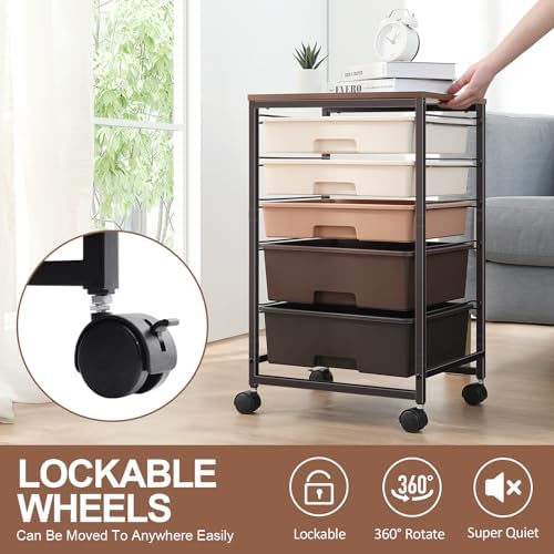 SYKIARIOL Rolling Cart with Drawers, 5 Drawers Utility Cart, Dark Brown - Image 6