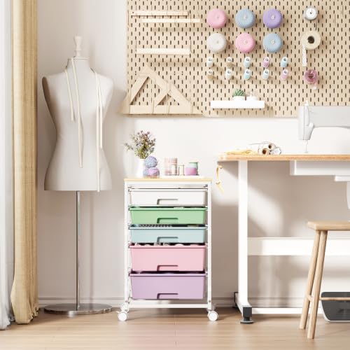 SYKIARIOL 5-Tier Rolling Cart with Drawers with Wooden Top, Ice Cream - Image 2