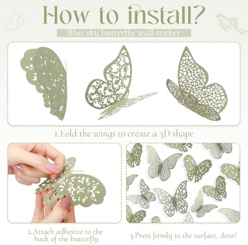 Bememo 72 Pcs 3D Butterfly Wall Decals, 3 Sizes,Sage Green | Metallic Hollow Design for Bedroom Living Room, Removable Adhesive Wall Decor, Easy Peel Stick Party Decoration Stickers - Image 4