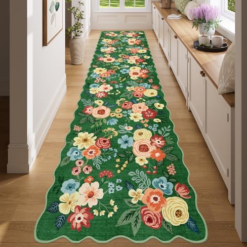 DUKINO 2x8 Washable Runner Rug, Floral Non Slip Kitchen Rugs, Dark Green by DUKINO