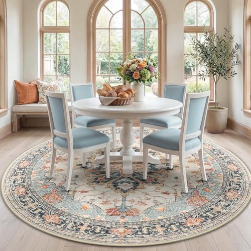 RELEANY Washable Area Rug, Round 7ft, Beige/Blue/Orange by RELEANY