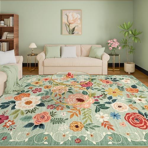 DUKINO 9x12 Area Rug for Living Room, Floral Washable Rug Non Slip, Green - Image 6