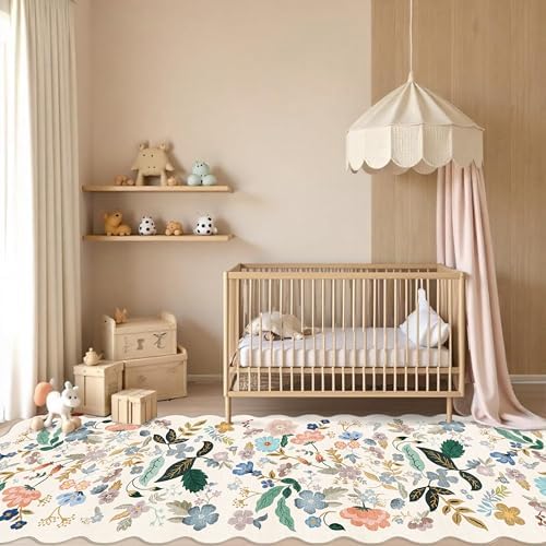 Washable 4x12 Wide Area Rug: Hallway Soft Floral Scalloped Carpet Water Resistant Non-Slip Runner Rug for Entryway Kitchen Dining Room Low Pile Floor Mat for Living Room Bedroom Nursery(4x12,Cream) - Image 4