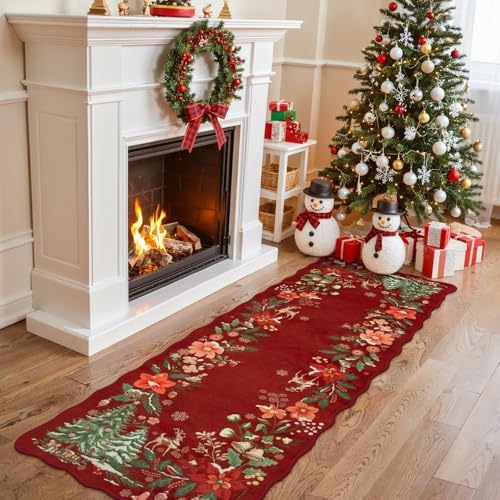 Lahome Floral Christmas Runner Rug, 2x6 Red Christmas Rug Runner Non Slip, Soft Kitchen Runner Rugs with Rubber Backing Holiday Carpet Runner for Hallways Bedroom Laundry, Red by Lahome