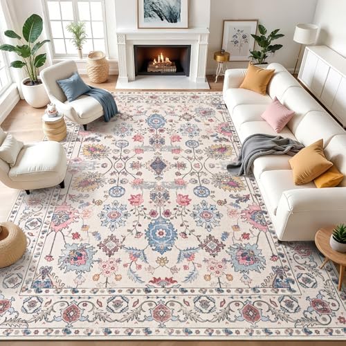 Hanples 9x12 Area Rugs for Living Room, Washable Rug Vintage Floral, Beige by Hanples