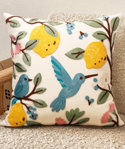 Embroidered Throw Pillow Cover 18x18 Inch, Bird Lemon by Kokaaee