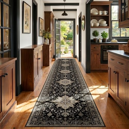 RELEANY Washable Area Rug, Runner 3'x20', Black/Neutral by RELEANY