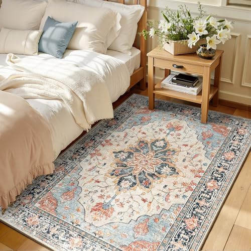 RELEANY Washable Area Rug, 3'x5', Beige/Blue/Orange by RELEANY