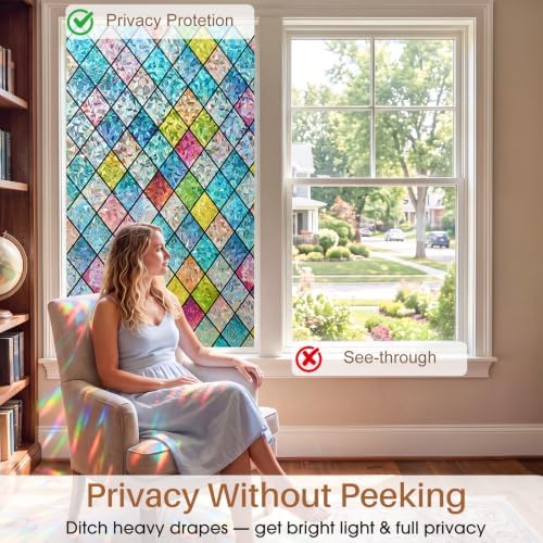 Sunbaby Stained Glass Winodw Film, Rainbow Lattice Stickers, 23.6"x78.7" - Image 3