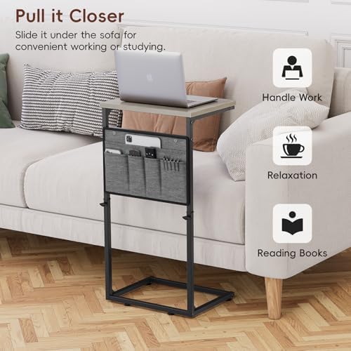 Vagusicc C Shaped End Table, Set of 2 Tall Side Table for Couch, Adjustable Height Small Couch Side Table for Small Spaces, End Table Slide Under Sofa Table TV Tray Arm Table for Living Room, Grey - Image 4