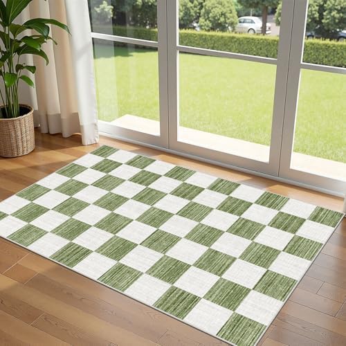Green White Checkered Entry Rug - 3x5 Non-Slip Indoor Outdoor Rugs by Othilic