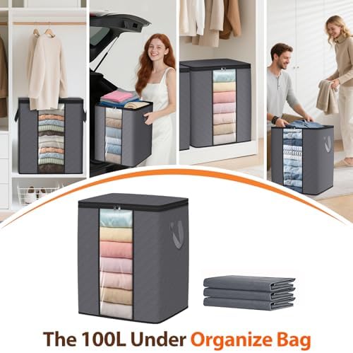 SpaceWhisper 3 Pack 100L Clothes Storage, Foldable Storage Bags, Grey - Image 6