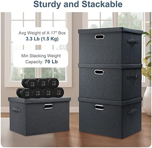 Graciadeco Large 17" 36 Quart Collapsible Stackable Storage Bins with Lids, 3 Packs Dark Gray Foldable Fabric Closet Storage Boxes with Lids, Heavy-duty Linen Cube Baskets(17x12x11) - Image 3