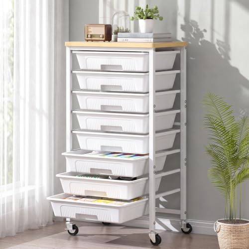 caktraie 8-Drawers Rolling Cart, Craft Storage Utility Cart, White layer by shoeboxesanddeskorganizers