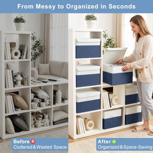 Bagnizer Large 22 Quart Linen Fabric Foldable Storage Bin Cube Organizer Basket with Flip-Top Lid & Handles, Clothes Blanket Box for Home, Office, Closet, Navy Blue & White, 4 Pack 14.6 x 9.5 x 9.5 - Image 2